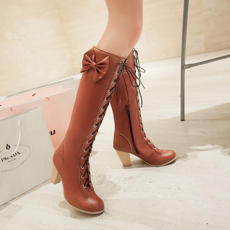 Korean Style High Shaft Moto Boots with Bow and Lace-Up Front - Image 2