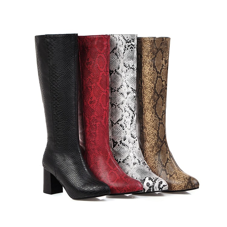 Snake Print Mid Calf Chunky Heel Side Zip Fashion Boots - Image 2