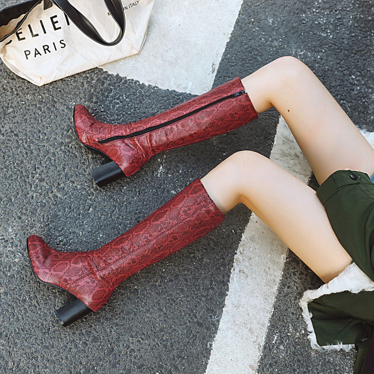 Snake Print Mid Calf Chunky Heel Side Zip Fashion Boots - Image 4