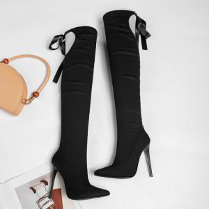 Women's High Heel Stiletto Boots with Ribbon Cross Tie Bow