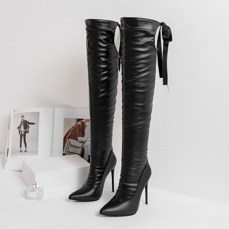 Women's High Heel Stiletto Boots with Ribbon Cross Tie Bow - Image 2