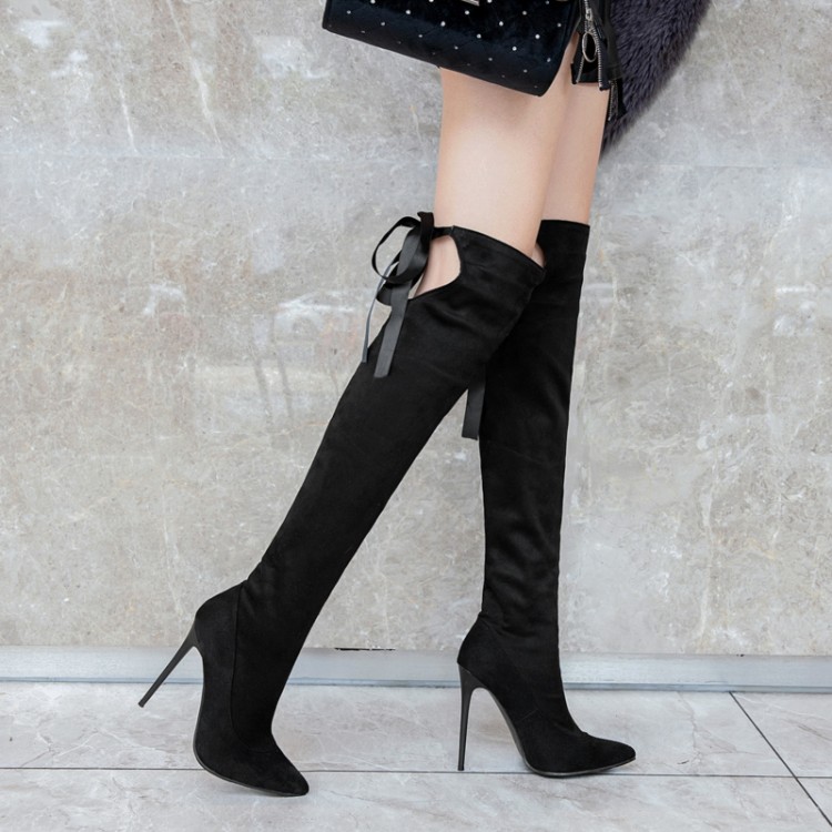 Women's High Heel Stiletto Boots with Ribbon Cross Tie Bow - Image 4
