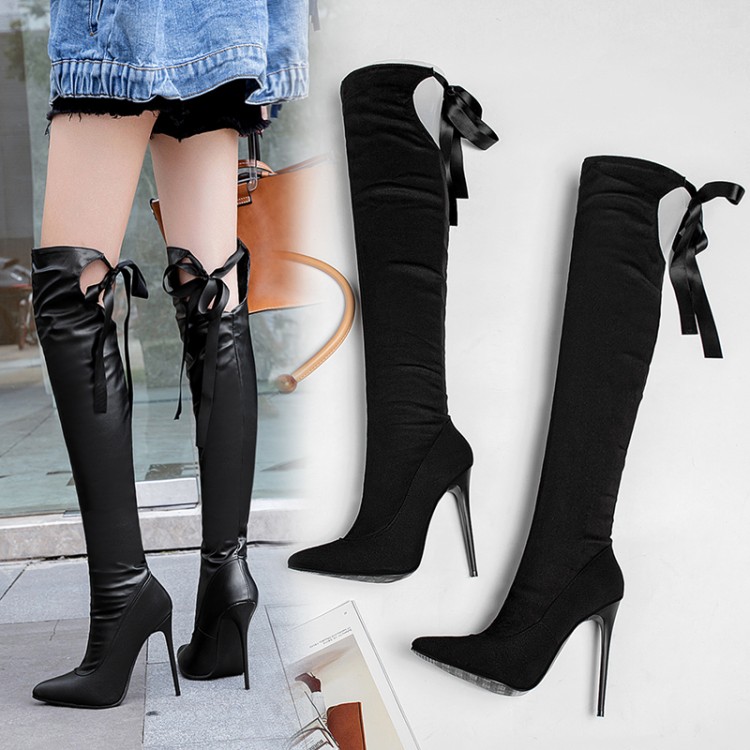 Women's High Heel Stiletto Boots with Ribbon Cross Tie Bow - Image 5