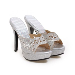 Gold Silver High Heel Sports Sandals Open Toe PU Summer 2020