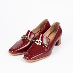 Women's Patent Leather Loafer Flats with Buckle and Chain Detail