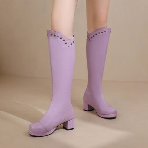 Women's High Shaft Fashion Boots with Metal Studs and Chunky Heel