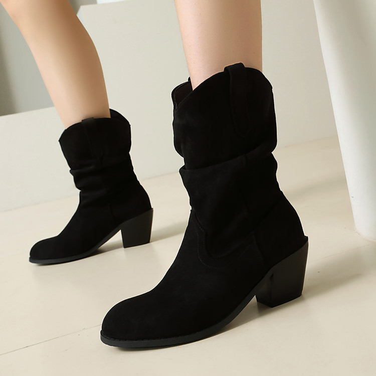 Knight Boots Suede High Heel Chunky Heel Round Toe Slip On Short Boots - Image 4