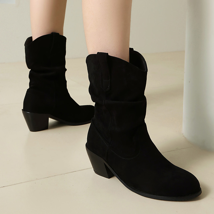 Knight Boots Suede High Heel Chunky Heel Round Toe Slip On Short Boots - Image 5