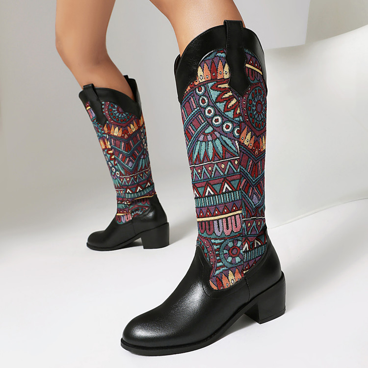 Knight Boots Street Style Color Block High Heel Chunky Heel Slip-On - Image 3