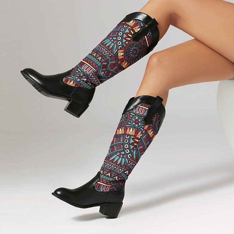 Knight Boots Street Style Color Block High Heel Chunky Heel Slip-On - Image 2
