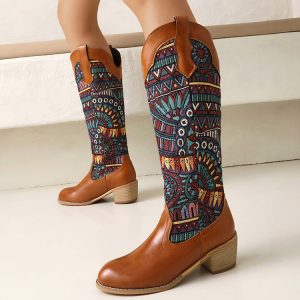 Knight Boots Street Style Color Block High Heel Chunky Heel Slip-On