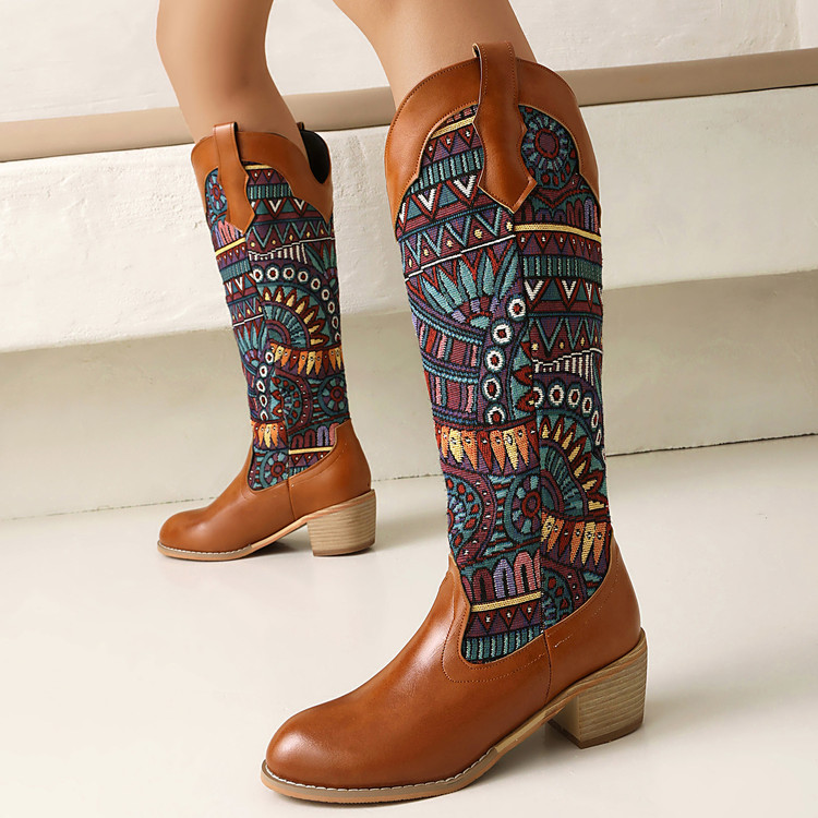 Knight Boots Street Style Color Block High Heel Chunky Heel Slip-On