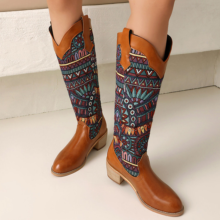 Knight Boots Street Style Color Block High Heel Chunky Heel Slip-On - Image 4