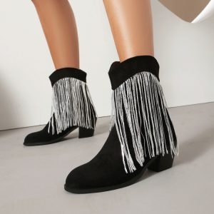 Knight Boots Suede Faux Fur Lined Block Heel Tassel Slip-On